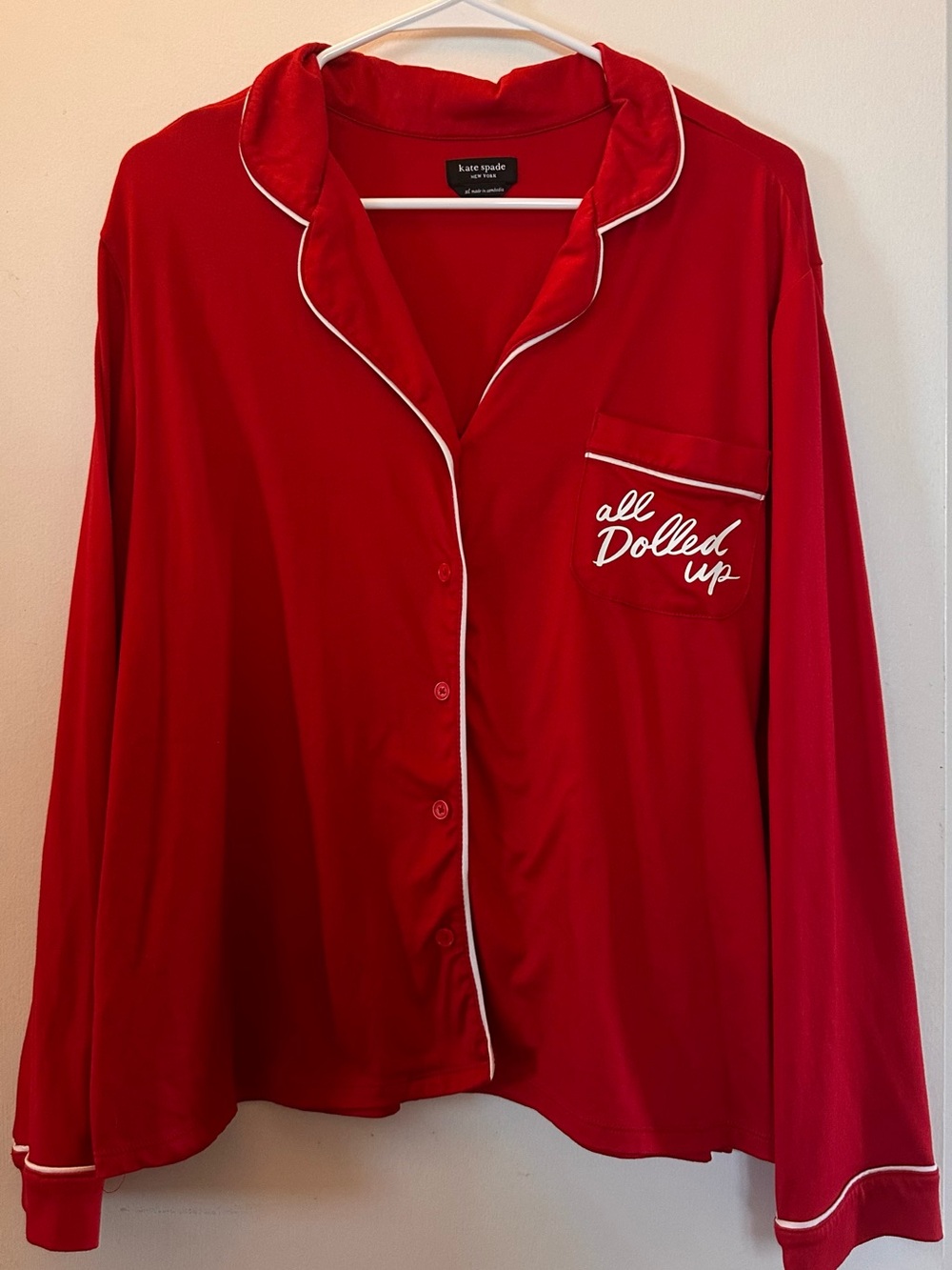 kate spade Red Long-Sleeve Pajama Top with White Piping